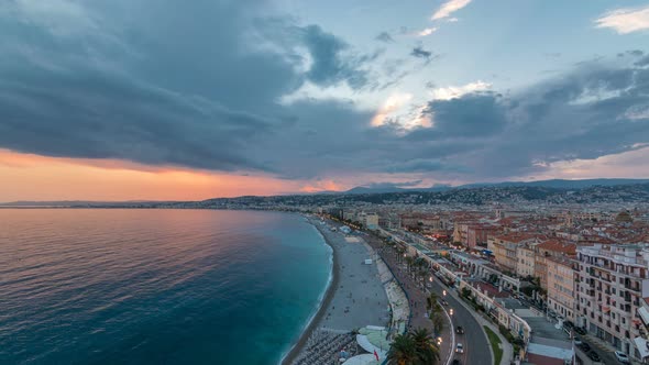 Panorama Over Nice City and Mediterranean Sea Aerial Day to Night Timelapse