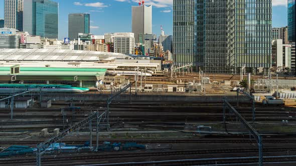 time lapse of the train approaching to the Tokyo railway station, Japan