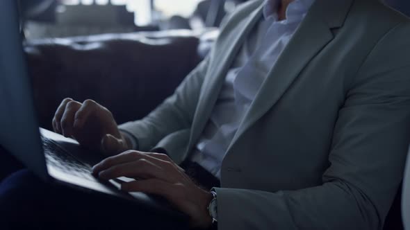 Businessman Hands Working Computer Dark Interior Close Up