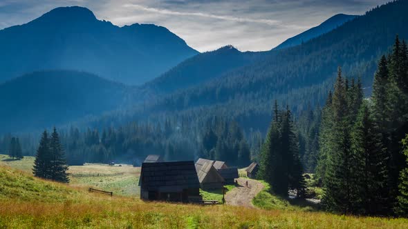 Mountain trail between cottages in the valley Chocholowska, Tatra Mountains, Poland