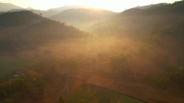 Aerial view from a drone over a misty landscape covers the farmland. 4K