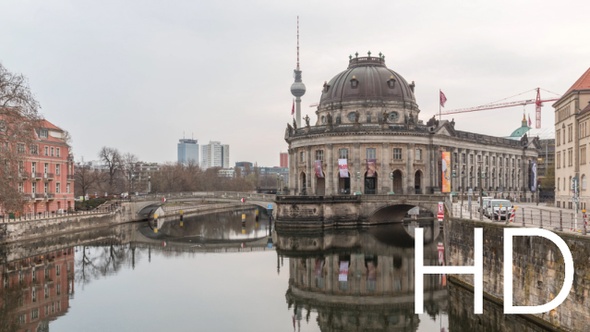 Sunrise hyperlapse in central Berlin with Bode museum and TV tower in HD
