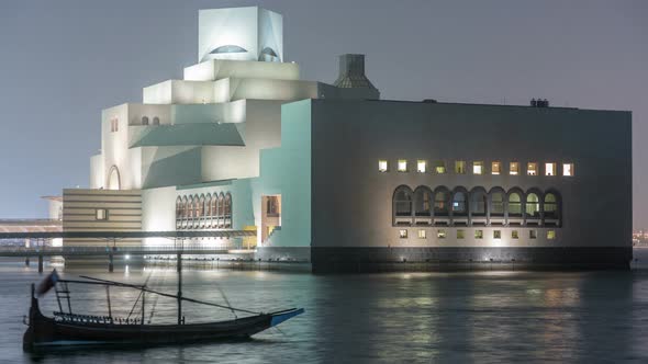 Beautiful Museum of Islamic Art Night Timelapse in Doha Qatar