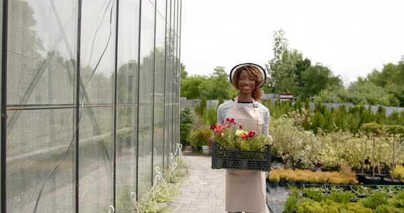 Black Woman with a Flowers Crate Standing at Plant