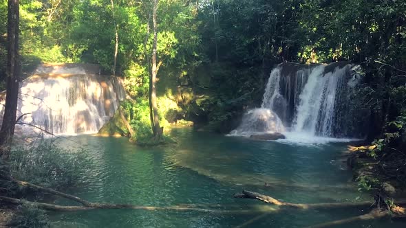 Tropical lagoon waterfalls. Magic moment in a secret corner of  Chiapas, Mexico. Many waterfalls, tu