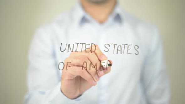 United States of America, Businessman Writing on Transparent Screen