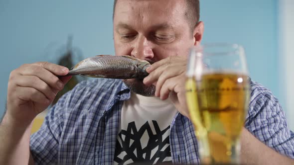 Appetizers Portrait of a Man Holding Salted Fish in His Hands Near a Glass of Cool Beer Closeup