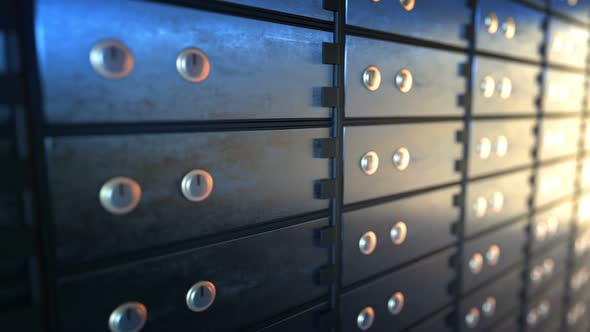 Close Up of Safe Deposit Boxes in a Bank Vault Room