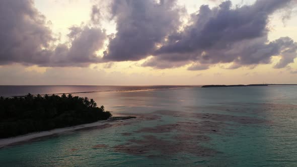 Aerial flying over nature of marine resort beach adventure by blue ocean with white sand background 