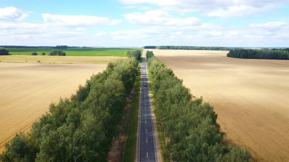 Interurban Road Highway Through Agricultural Field With Driving Car Aerial View