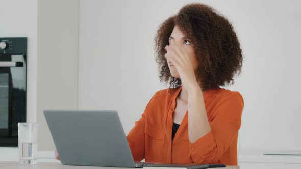 African Curly Woman Student Study Remote From Home Smiling Talking Listens Online Remote Video