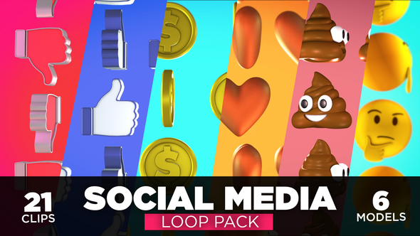 Social Media 3D Icons Loop Pack / 21 clips / 6 models