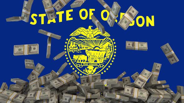 US Dollars falling in front of Oregon State Flag