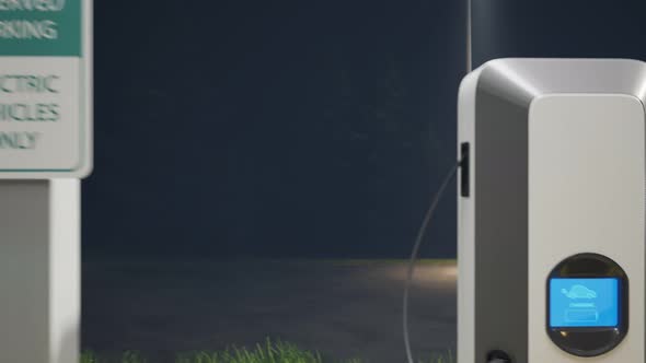 Electric cars connected to the charging station. Vehicles using renewable energy