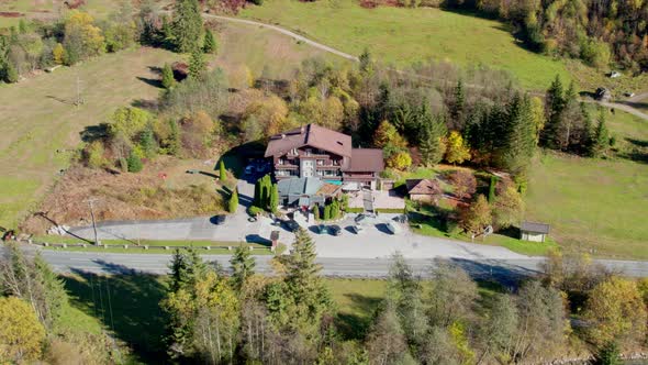 Drone Flight Over Buildings Near Klammsee Reservoir In Autumn