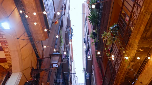 Christmas Holidays Lights Decoration of House Exterior in Barcelona Gothic Quarter