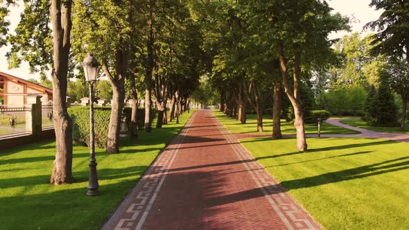 Moving Over Red Cobblestone Alley in the Park