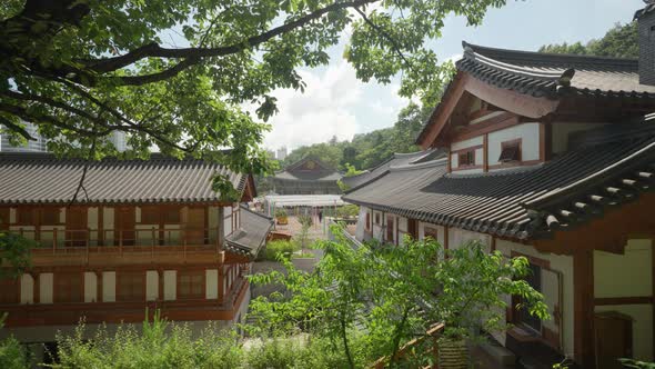 Architecture on old ancient korean traditional buildings in Bongeunsa Buddhist Temple in Seoul, Sout