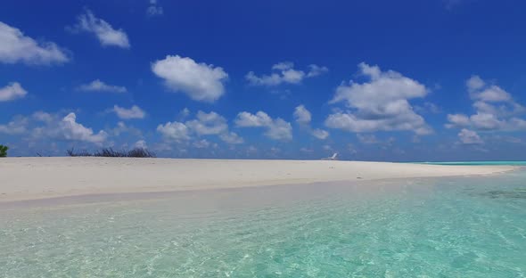 Wide angle fly over abstract shot of a white sand paradise beach and turquoise sea background in col