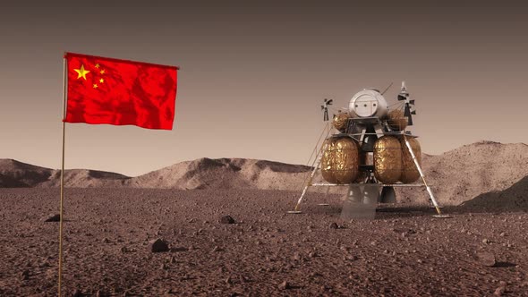 Descent Module Of Interplanetary Space Station On Surface Of Mars And Chinese Flag