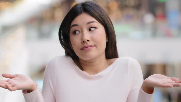Portrait Asian Korean Unsure Embarrassed Girl Female Model Student Unaware Puzzled 20s Woman