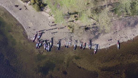 Canoes Banked on the Shores of a Lake Bird's Eye View