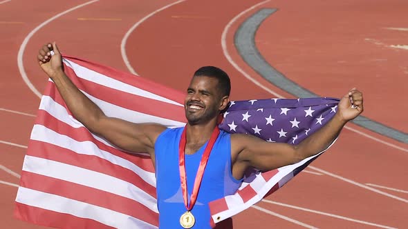 American Athlete Winning First Place in International Games, Pride of Country