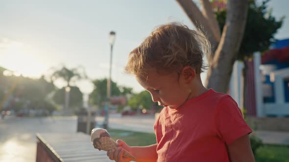 Fairhaired Boy Eats White Cold Cream Ice Cream in Waffle Cone Cup While Sitting Outside in Sunny