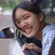 Cinematic Pretty Asian Girl In Car, Leans Out Passenger Side Car Window - VideoHive Item for Sale