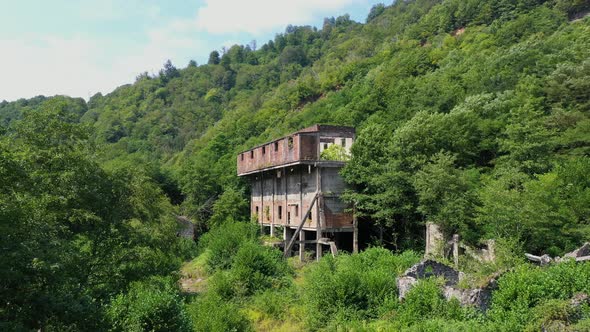 Ruined Lost Overgrown Mining Ghost Town Akarmara Consequences of War in Abkhazia Aerial View From