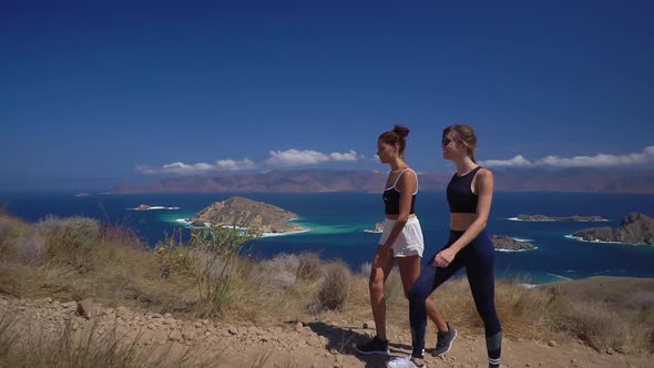 Two Hikers are Strolling Along the Top of Mountains Admiring the Landscape and Enjoying Summer Day