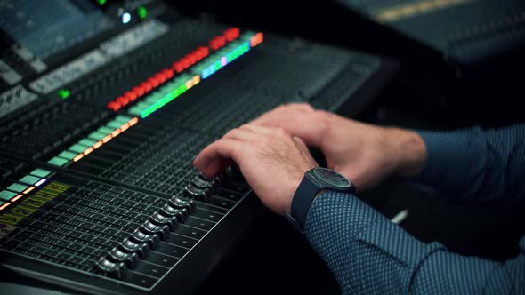 Sound Engineer Sliders In Radio Station. Engineer Press Key Buttons Control Desk Recording TV Studio