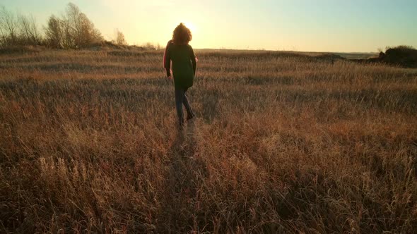 Autumn Landscape, Woman Traveler Having Fun at Sunrise