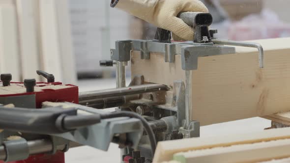 Carpenter Worker Cutting a Wooden Beam in the Construction Timber Industry