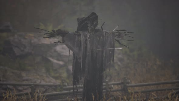 Terrible Scarecrow in Dark Cloak and Dirty Hat Stands Alone in Autumn Field