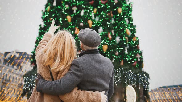 Senior Couple Embracing and Enjoying Big Christmas Tree on City Square Back View