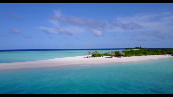 Aerial nature of paradise shore beach adventure by clear ocean with white sand background of a daytr