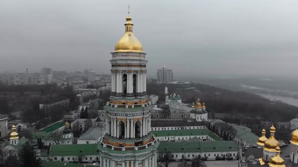 Aerial Top View of Kiev Pechersk Lavra Churches on Hills From Above, Kyiv City, Ukraine.