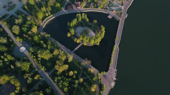 Aerial View of the lake and city park in Ternopil Ukraine