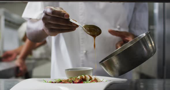 Midsection of african american frmale chef garnishing dish in restaurant kitchen