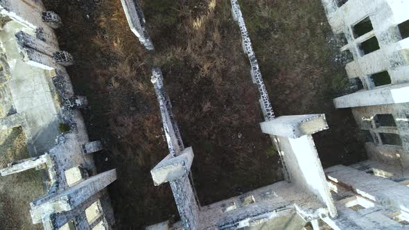 Natural Disaster Destroyed and Abandoned Building Ruins, Aerial Top View