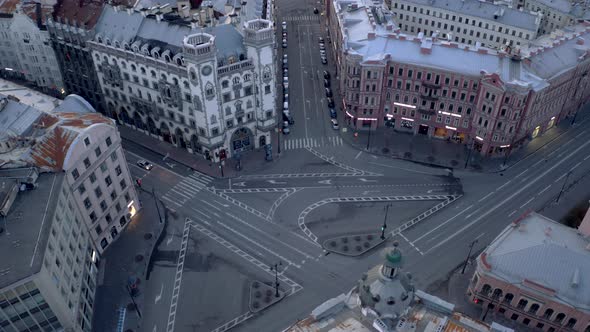 top view on square of the historic city , cars drive