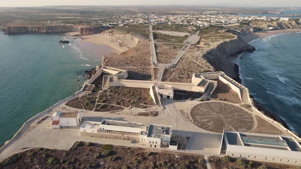 Aerial view of Fortress of Sagres, Portugal. Stunning scenic view with peninsula and coastline