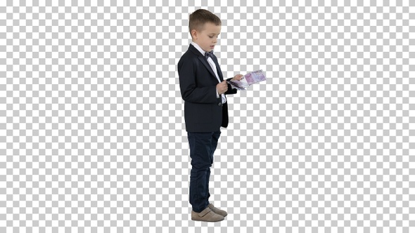 Little boy in black suit counts money, Alpha Channel