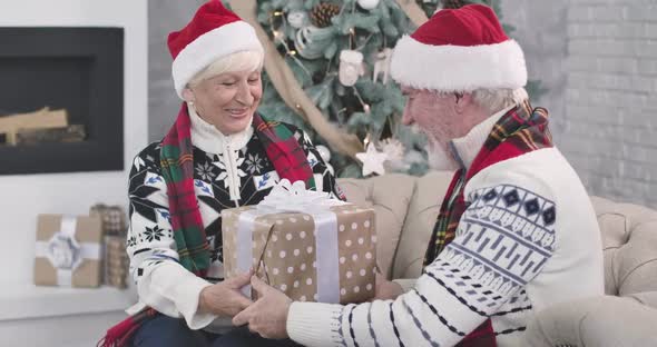 Portrait of Positive Caucasian Mature Woman Giving Gift To Her Husband, Senior Man Kissing Wife on