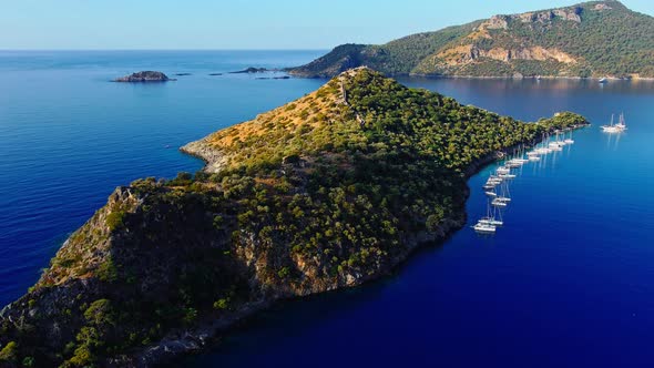 Aerial Footage of the Picturesque Bay of the Many Islands Near Marmaris Participants of the Sailing