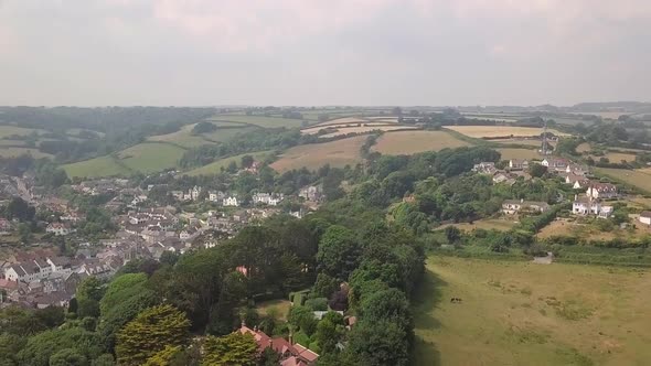 English countryside township. Aerial footage. Seascape view.