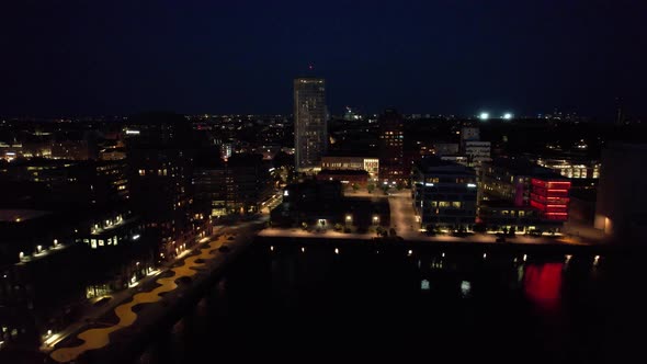 Malmö night, drone view, Clarion hotel