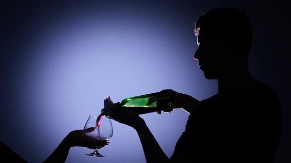 Waiter Pours the Girl a Glass of Red Wine. Back Light