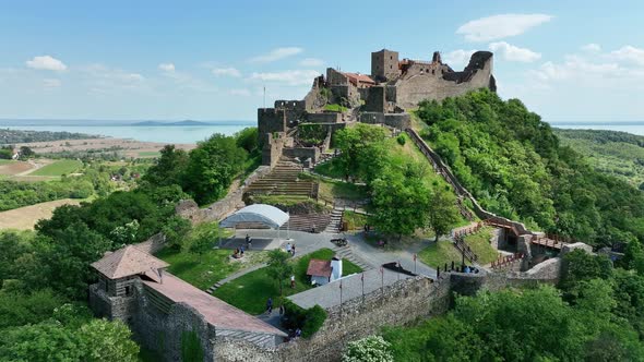 Aerial view of Szigliget castle in Hungary